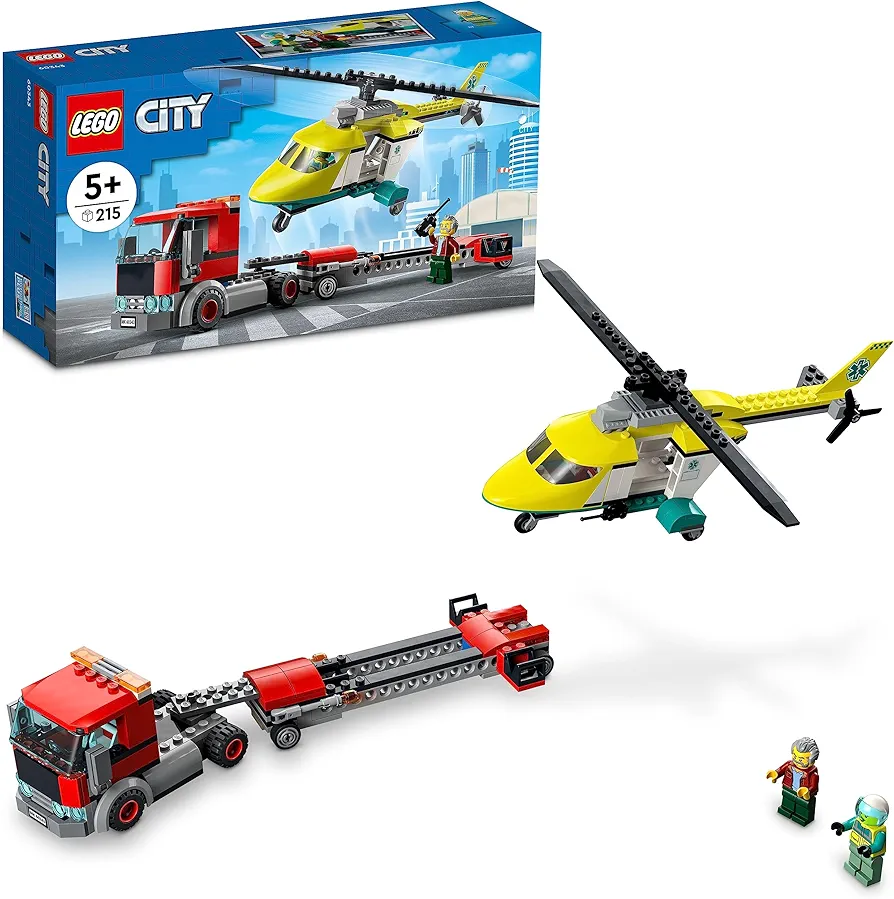 LEGO 60343 City Helicopter Transporter, Toy from 5 Years with Truck, Rescue Helicopter and Mini Figures, Gift Idea for Boys and Girls