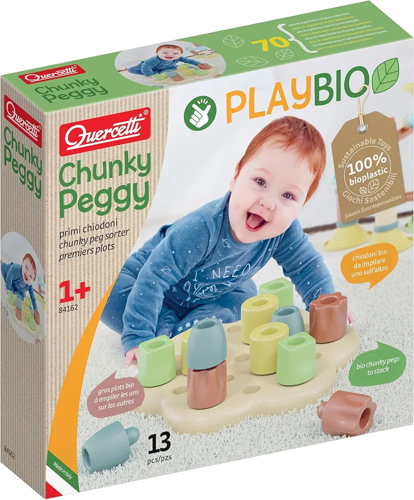 Quercetti Chunky Peggy PlayBio Stacking Toy - Classic Play for Motor Skill Development, Made with Recyclable Bioplastic, for Toddlers and Little Kids Ages 1-3 Years