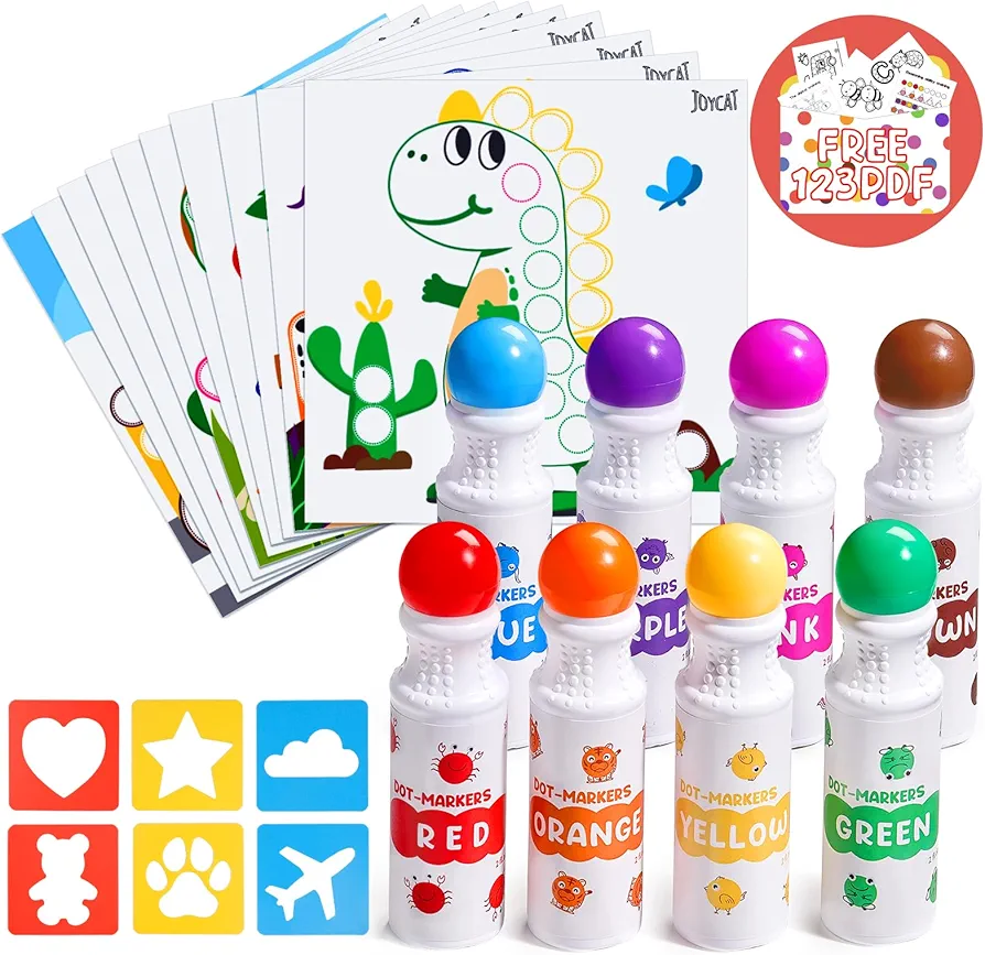 JoyCat Washable Dot Markers for Kids,8 Colors 2.1 fl.oz Non Toxic Dot Paint Markers with 10 Coloring Activity Paper & 6 Stencils,Bingo Daubers Markers for Toddler 1-3 Arts and Crafts Kits Supplies