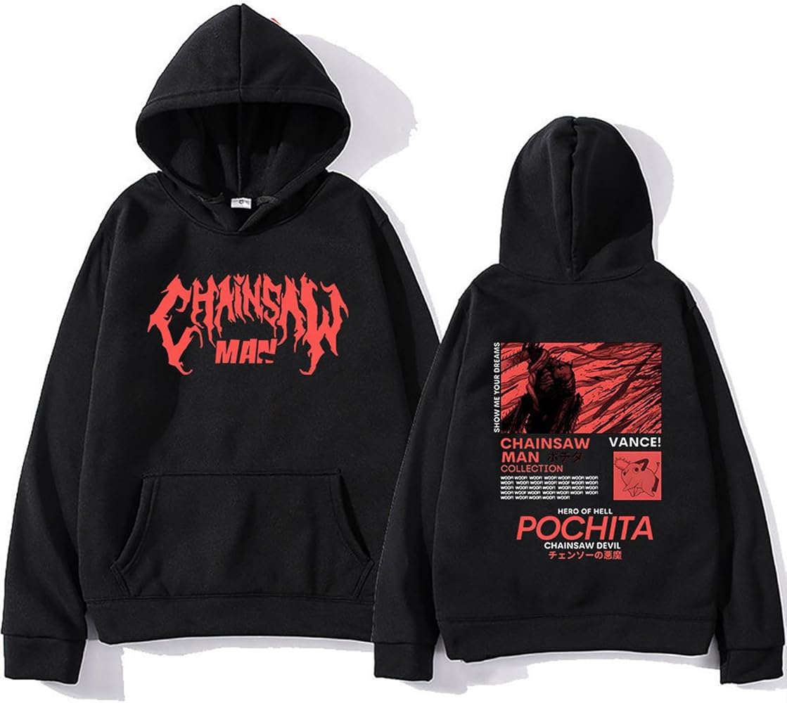 Couple Chainsaw Man Hooded Sweatshirt, Anime Funny Hip Hop Print Hoodie Round Neck Warm Winter Loog Sleeve Tops