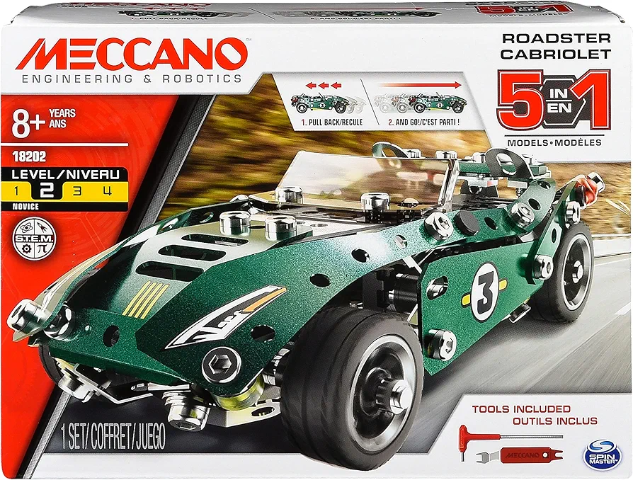 Meccano by Erector 5 in 1 Roadster Pull Back Car Building Kit, STEM Engineering Education Toy for Ages 8 and up