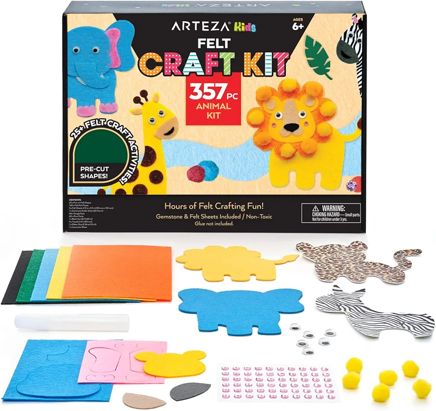 ARTEZA Kids Felt Kit, 357 Pieces, 25 Pre-Cut Animal Shapes, 5 Felt Sheets, 140 Mini-Pieces, Gemstone Stickers, Yarn, and Glue