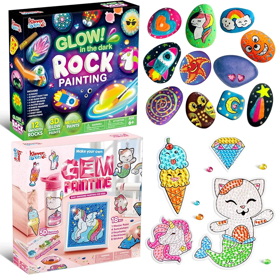 JOYIN 12 Rock Painting Kit & Gem Art Kit with 2800+ Big 5D Gem, Arts and Crafts for Kids Ages 6-8+, Art Supplies with Various Paints, Craft Paint Kits, Kids Toy Gifts for Boys and Girls Ages 4+