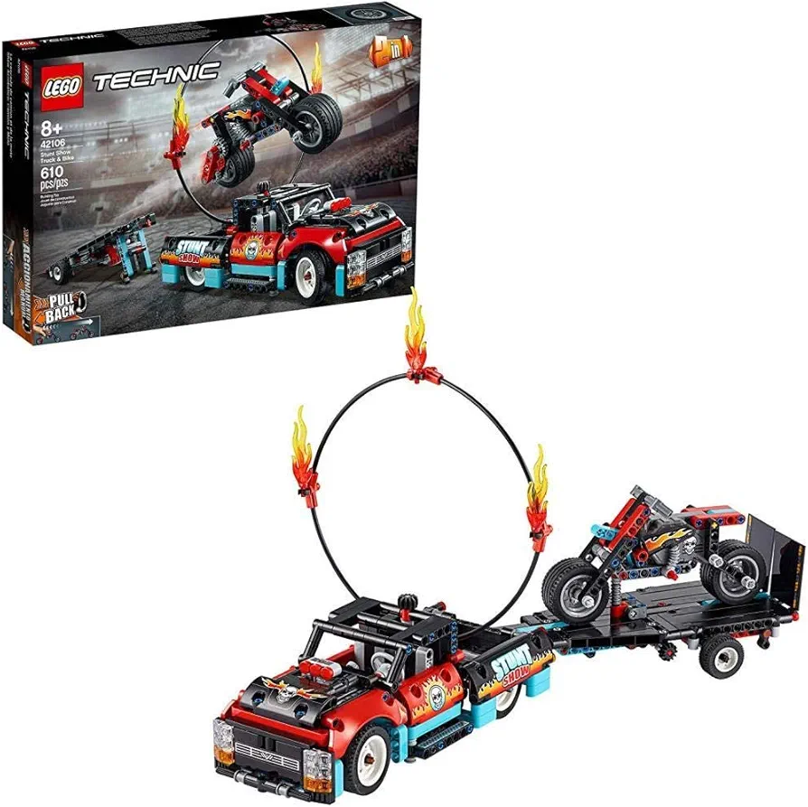 LEGO 42106 Technic Stunt Show Truck & Bike Toys Set, 2in1 Model with Pull-Back Motor and Trailer