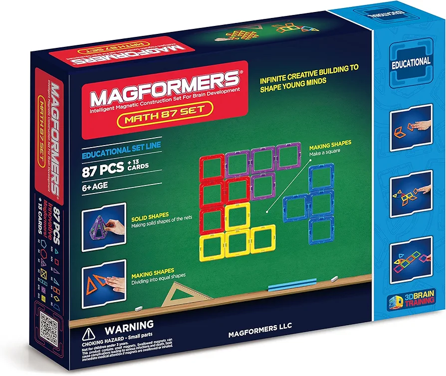 Magformers Math 87 Pieces, Rainbow Colors, Educational Magnetic Geometric Shapes Tiles Building STEM Toy Set Ages 6+