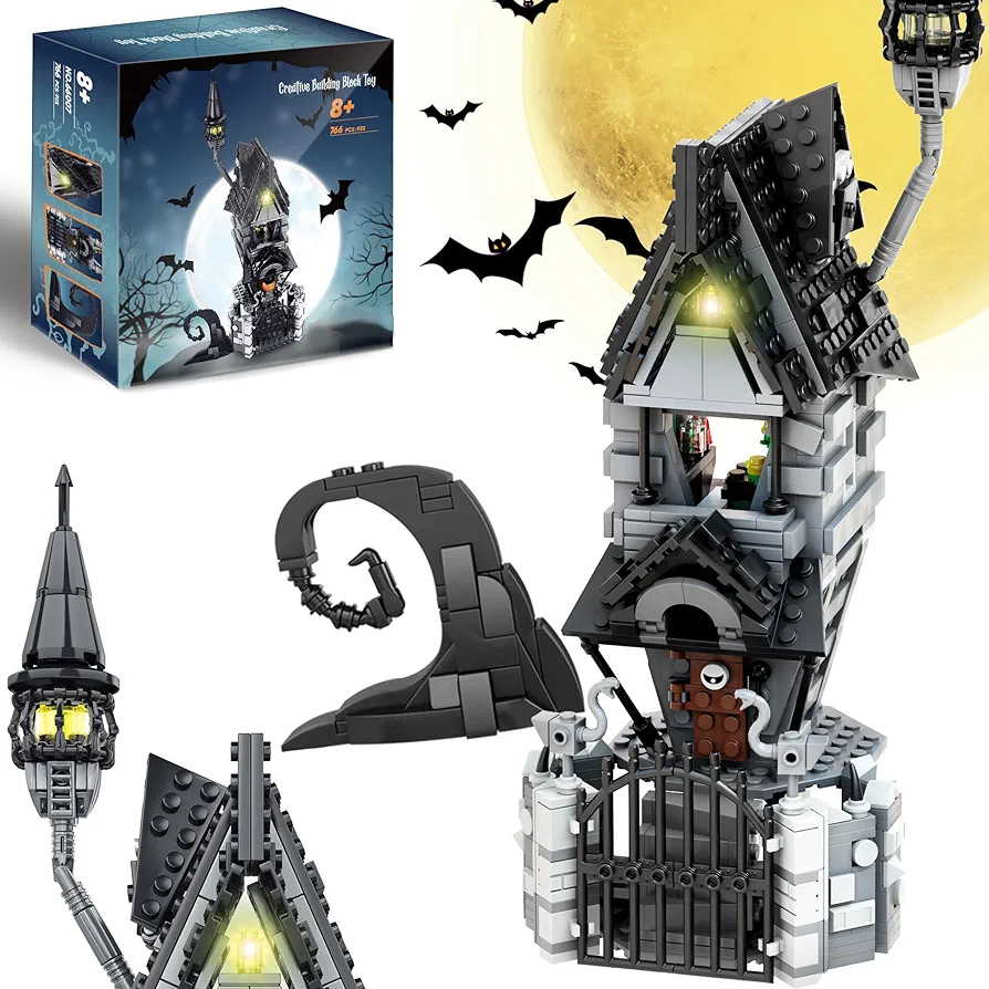 Usoway Haunted Village House Building Blocks Set, Halloween Christmas Haunted Building Kit with Led Light, 2 Minifigures, Creative Festival Toy Kit Gifts for Kids or Movie Fans (766pcs)