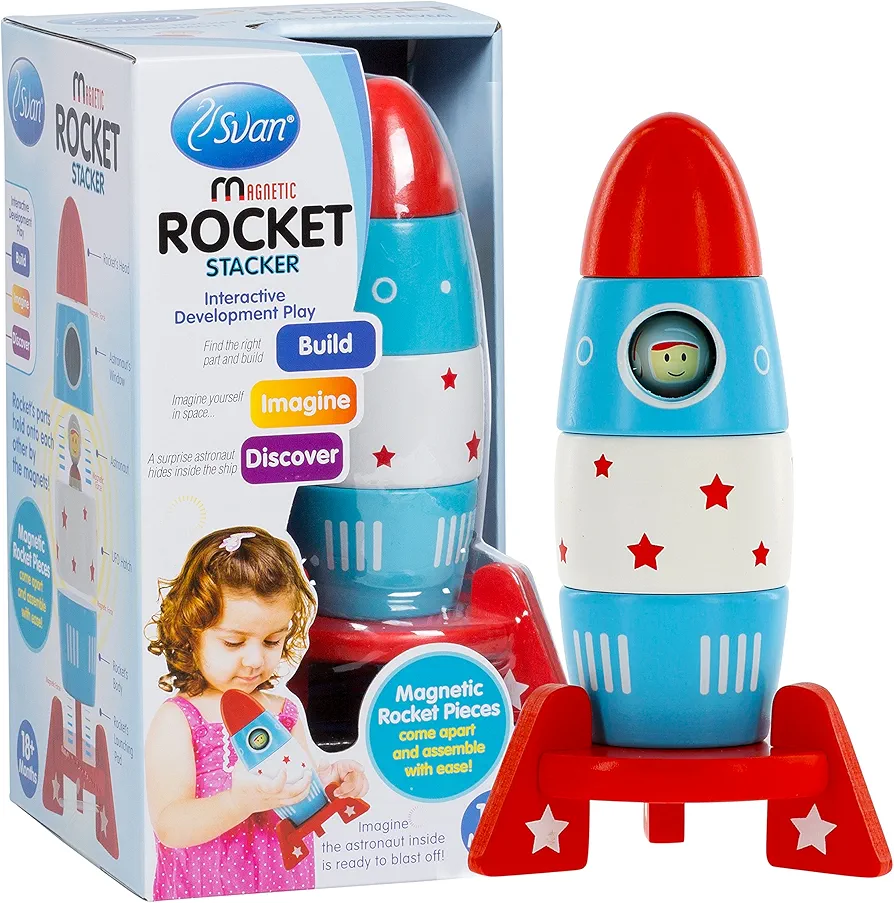 Wooden Stacker Toy Space Rocket - 6 Magnetic Stacking Pieces - Magnet Building Set with Surprise Astronaut Inside, Fun Game for Kids, All Natural Wood, Childrens Interactive Play or Summer Gift