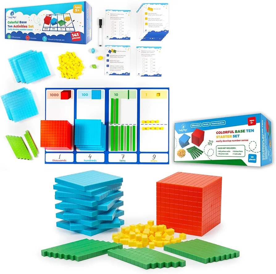 Simply magic 140+1 PCS Colorful Base Ten Blocks & Activities Set & 131 PCS Base Ten Blocks for Math