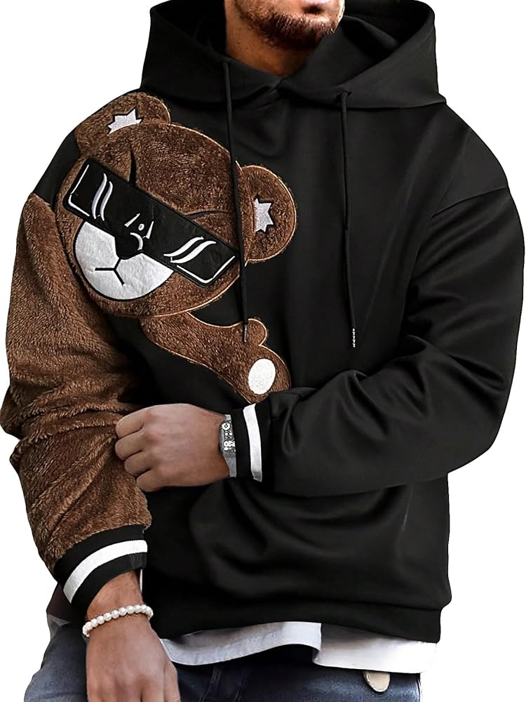 WDIRARA Men's Bear Pattern Cartoon Drawstring Hoodie Drop Shoulder Long Sleeve Pullover Sweatshirt