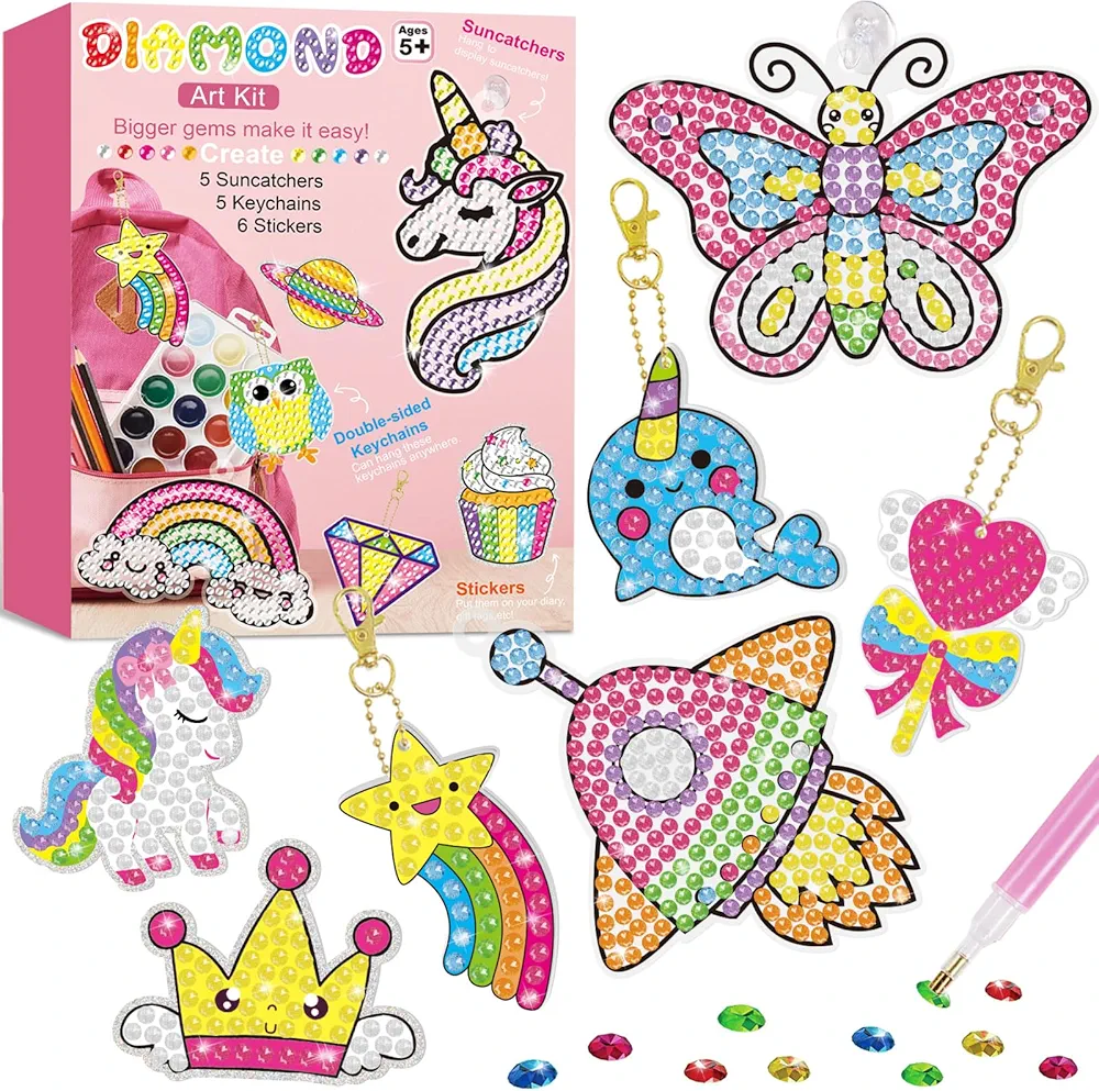 BANBBUR 16Pcs Gem Art for Kids Age 4-8 8-12,Kids Crafts 5D Gem Diamond Art Kit with 5 Suncatchers/5 Keychains/6 Magical Stickers,Painting Art Crafts for Girls Boys