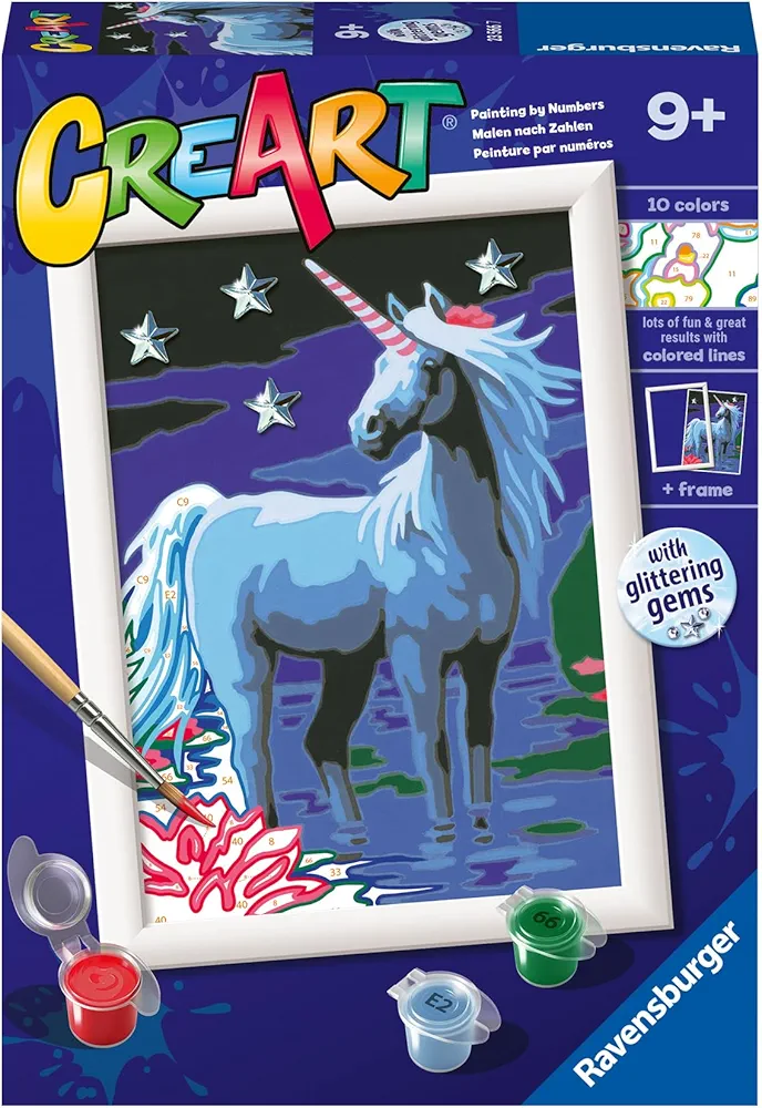 Ravensburger - CreArt Series E Classic : Magic Unicorn, Paint by Number Kit, Contains a Pre-Printed Board, a Brush, Colors and Accessories, Creative Game for Boys and Girls 9+ Years