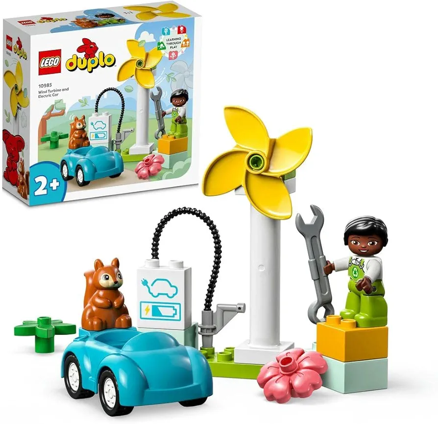 LEGO® DUPLO® Town Wind Turbine and Electric Car 10985 Educational Building Toy Set;Sustainable Living Play for Toddlers Aged 2+