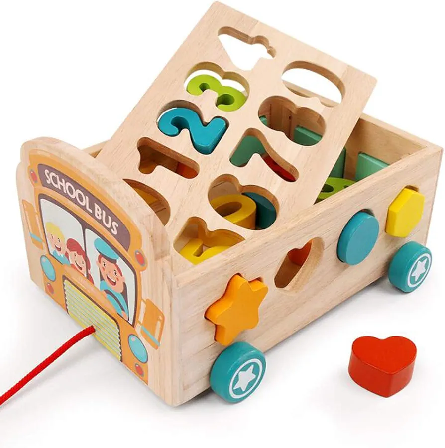 Classic Wooden Toddler Toy Age 2-4 Pulling Bus 123 Number Learning Shape Puzzle Sorting Match Game Montessori Sensory Material for Kids