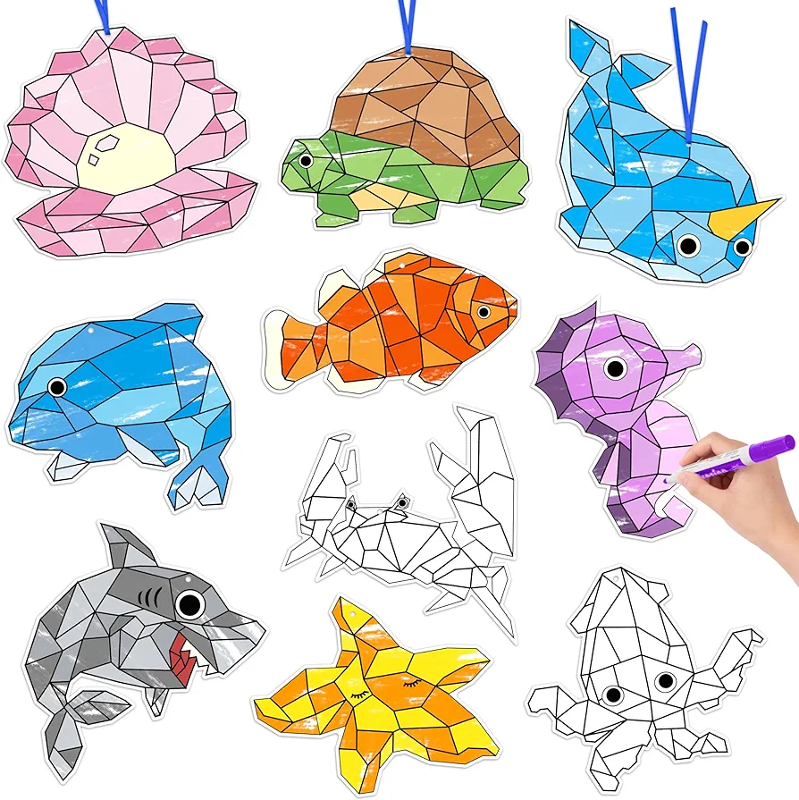 BeYumi Coloring Ocean Animals Kit - 83Pcs Color Your Own Ocean Animals Kit for Kids DIY Coloring Craft Kit Coloring Sea Animals Geometric Card Decor School Classroom Summer Party Activity Art Craft