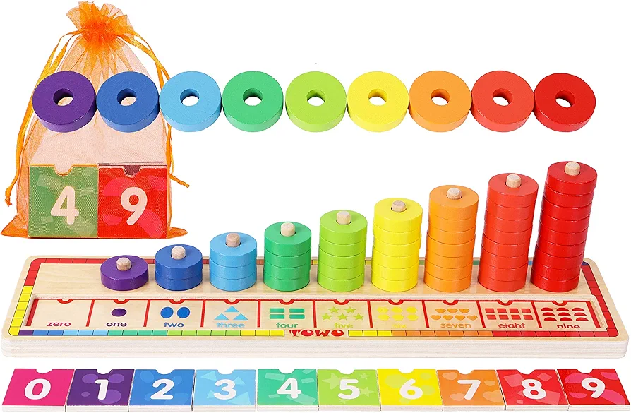 Toys of Wood Oxford Wooden Stacking Rings and Counting Games with 45 Rings Number Blocks- Counting Ring Stacker-Wooden Sorting Counting toy for 3 years old Kids Maths Learning Montessori Materials