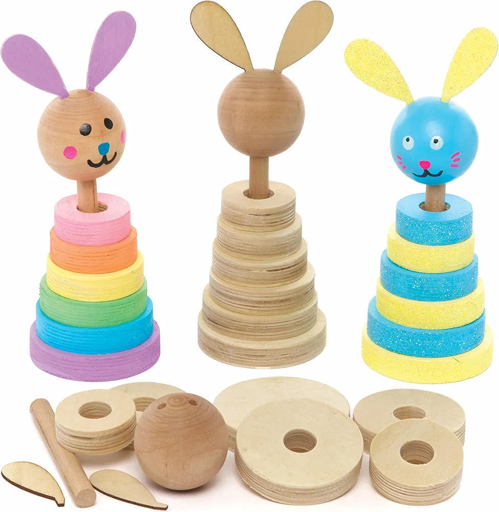 Baker Ross AX760 Easter Bunny Wooden Stacking Kits - Pack of 2, Make Your Own Ornaments for Kids Craft Activities or Art Parties