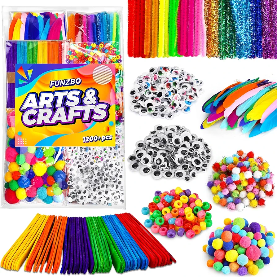 FUNZBO 1200pcs+ Arts and Crafts Supplies for Kids - Craft Kits with Pipe Cleaners, Pom Poms for Crafts, Popsicle Sticks for Crafts, Crafts for Kids Ages 4-8, Birthday Gifts for Kids, Girls & Boys