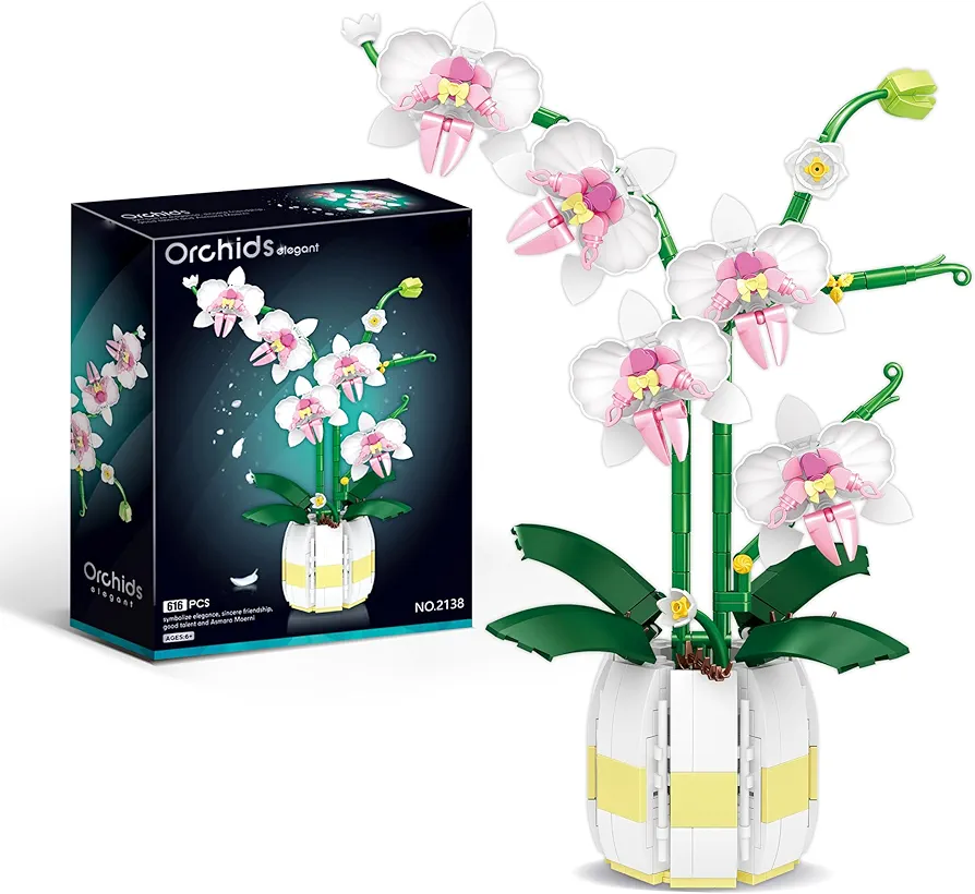 Orchids toy Building Set for Adults Two-Color Artificial Flowers with Vase Gift for Mother's Day, Anniversary, Birthday Botanical Collection for The Home Office 616 Pieces for Ages 6-12 Year Old Girl