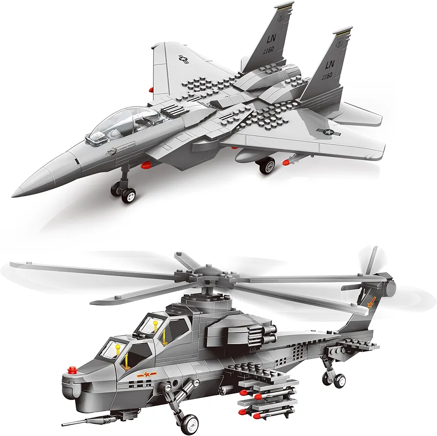 Apostrophe Games Air Force Building Block Set Bundle (F-15 Fighter Jet & Attack Helicopter) Compatible with The Major Brand Building Bricks