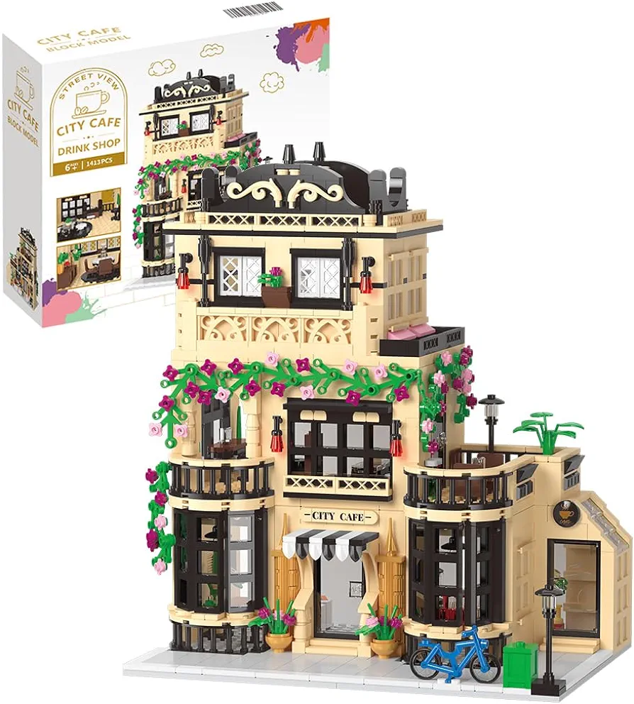 City Cafe Building Block Set, Coffee Shop City Street House Construction Toy for Adult & Teens 14+,1413pcs Mini Bricks with LED