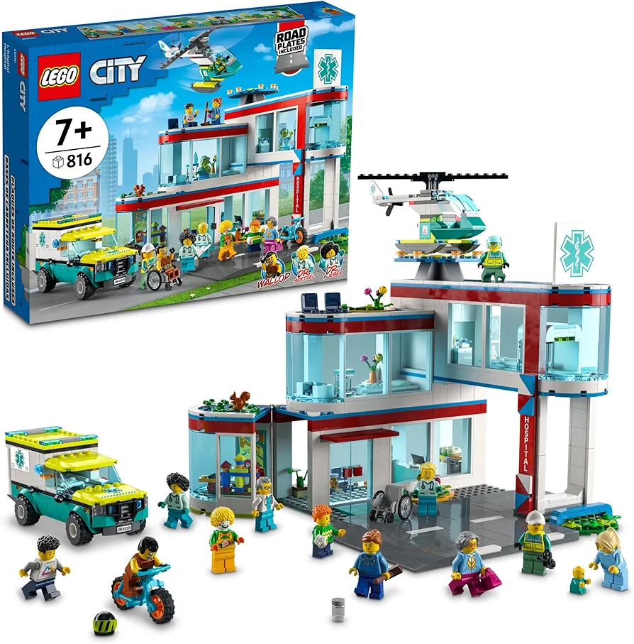 LEGO City Hospital Building Set 60330 with Toy Ambulance, Rescue Helicopter and 12 Mini Figures, Pretend Play Toy Hospital for Educational Fun, Connect to Other City Sets, for Kids Age 7+