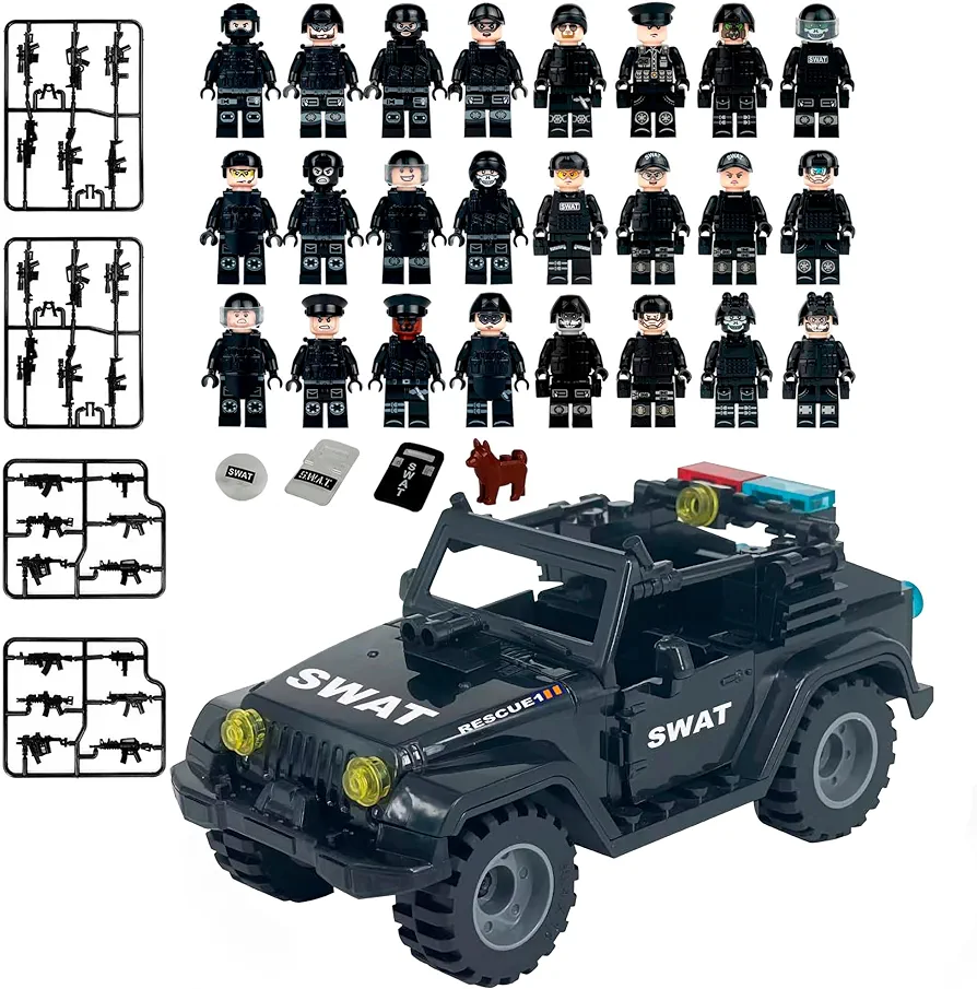 Toysvill SWAT Military Police Building Block Set for Kids | SUV + Soldiers Minifigures (24 PCS) with Weapons and Accessories Gift