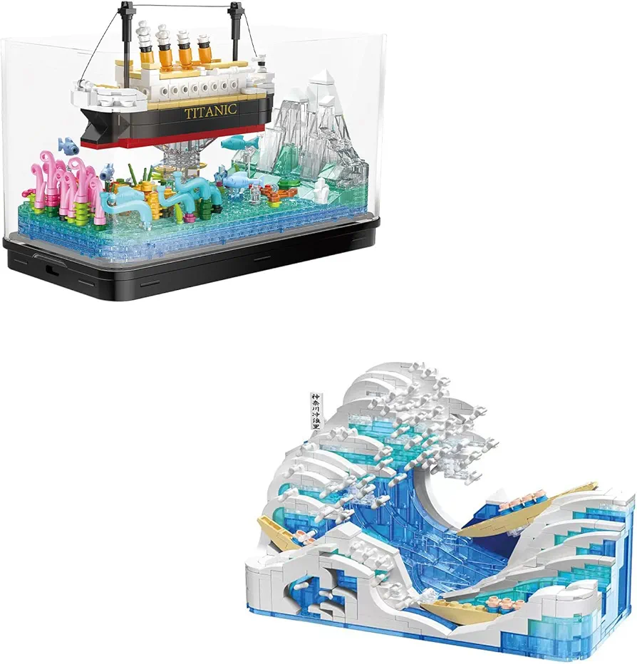 Titanic and The Great Wave Building Blocks Set for Adults, Collectible Display Model for Home Office Decoration