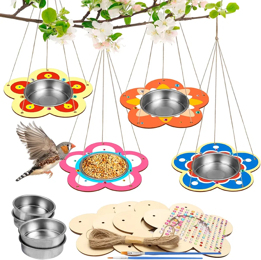 4 Pack Bird Feeder Kits for Kids Make Your Own Bird Feeders Wooden Art and Craft for Girls Boys Ornaments DIY to Paint Craft for Summer Garden Outdoor Decoration Spring Activities Project