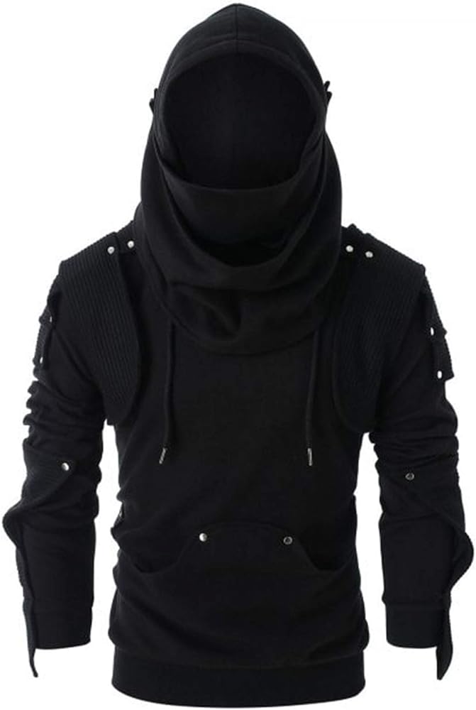 Men's Punk Mask Pullover Hoodies Goth Hooded Sweatshirt Comfy Long Sleeve Techwear Cyberpunk Streetwear Tactical Hoodie