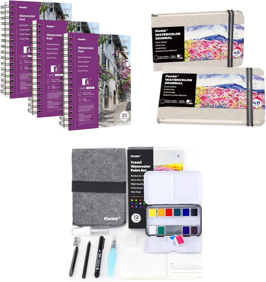 Funto Watercolor Bundle, Complete Paint Kit with 3 Pads, 2 Journals, 12-Color Watercolor Set, Postcards, Travel Brushes, Pencil, Spray Bottle, and Other Art Supplies for Creative Journeys