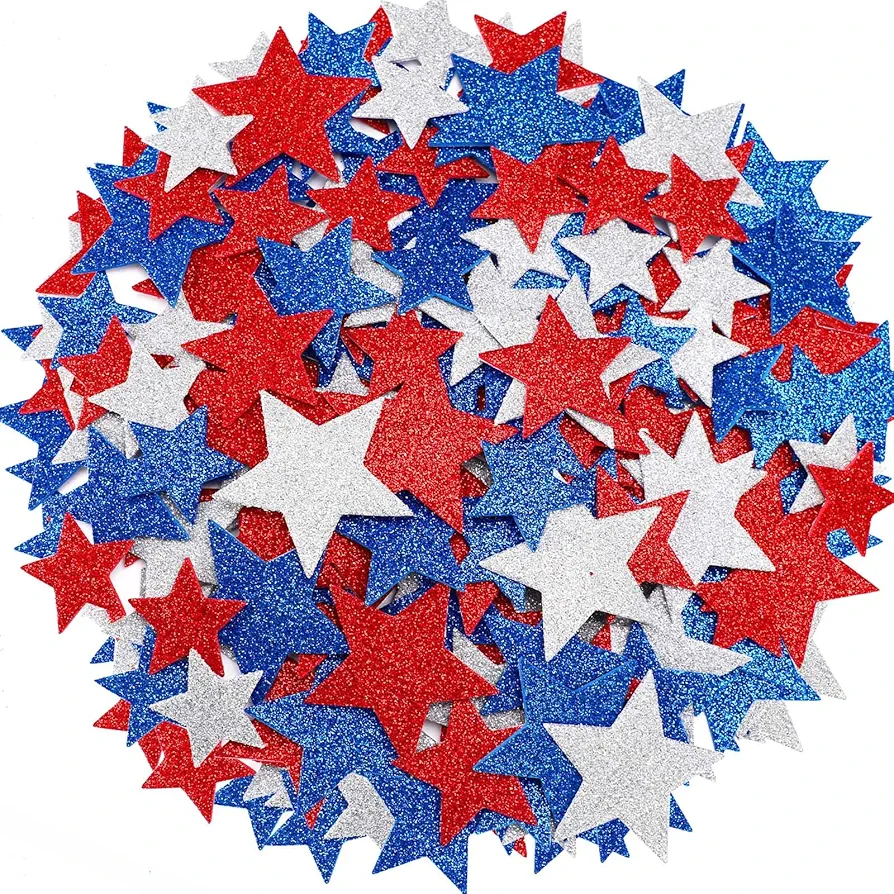 JULBEAR 300 Pcs Patriotic Glitter Star Foam Stickers Red Blue Silver Glitter Star Self-Adhesive Stickers Memorial Day for Kids Arts Crafts Independence Day 4th of July Decoration Supplies