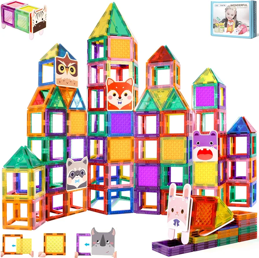 Magnetic Tiles Toys for Ages 2-4, 62PCS Magnetic Blocks with 10 Cute Animals, Magnet Tiles 3D Clear Building Blocks Set, STEM Sensory Educational Toys Gift for Toddlers Kids Girls and Boys