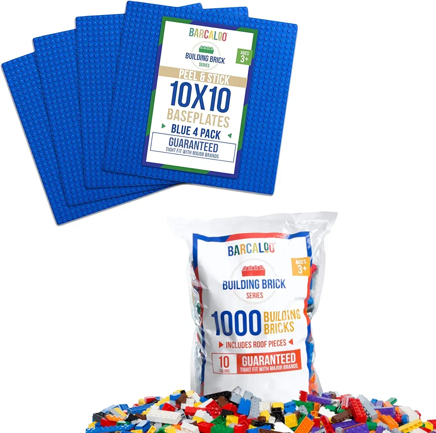 1000 Piece Building Bricks Set- 10 Classic Colors & 4 Pack Blue 10 x 10 Inch Peel-and-Stick Baseplates