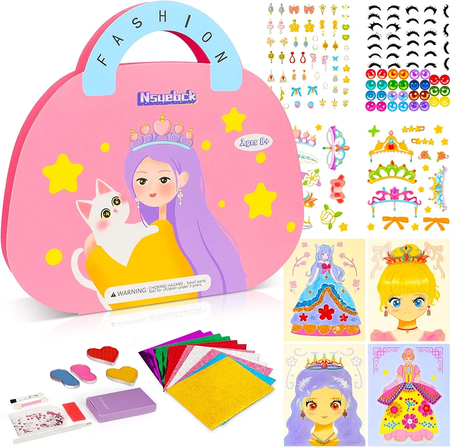 Paper Crafts for Girls 8-12, 4 in 1 Foil Art & Diamond Art Kit for Kids, Princess Dress-up & Make-up Toys Book, Birthday Party Gifts for Kids Ages 8 9 13