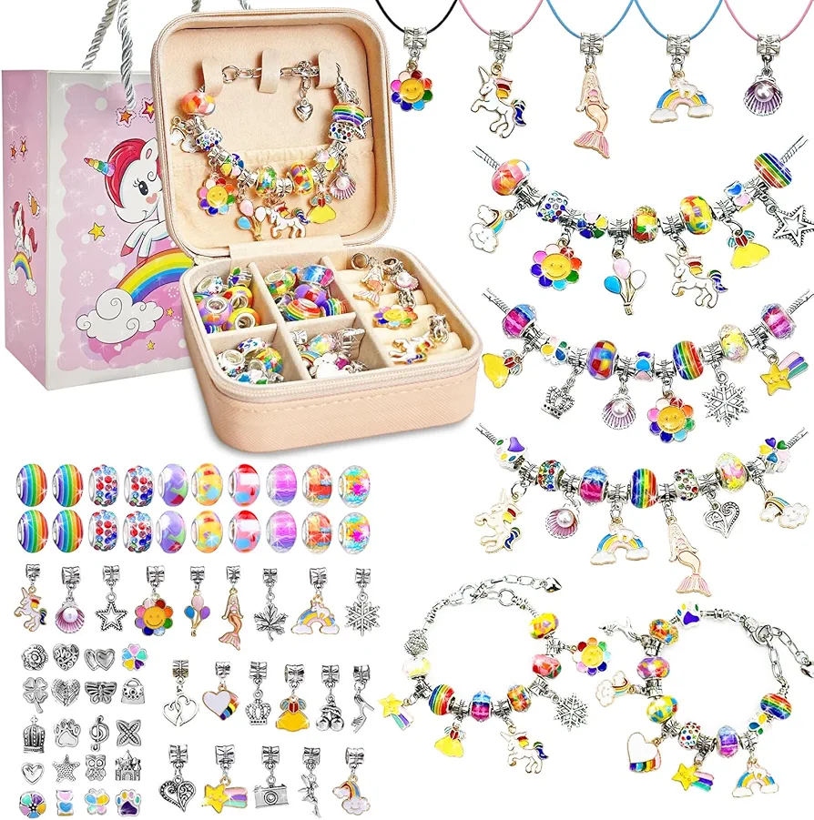 Charm Bracelet Making Kit for Girls 8-12, DIY Bead Jewelry Making Kit with Box, Unicorn Mermaid Arts and Crafts for Kids 6-8 Gifts for Girl Toys Age 4 5 6 7 8 9 10 11 12 Festival Birthday