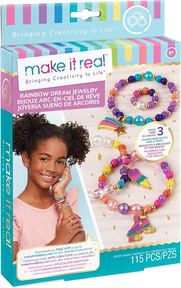 Make It Real: Rainbow Dream Jewelry Kit - Create 3 Unique Charm Bracelets & A Ring, 123 Pieces, Includes Play Tray, All-In-One, DIY Colorful Bead Jewelry Kit, Tweens & Girls, Arts & Crafts, Ages 8+