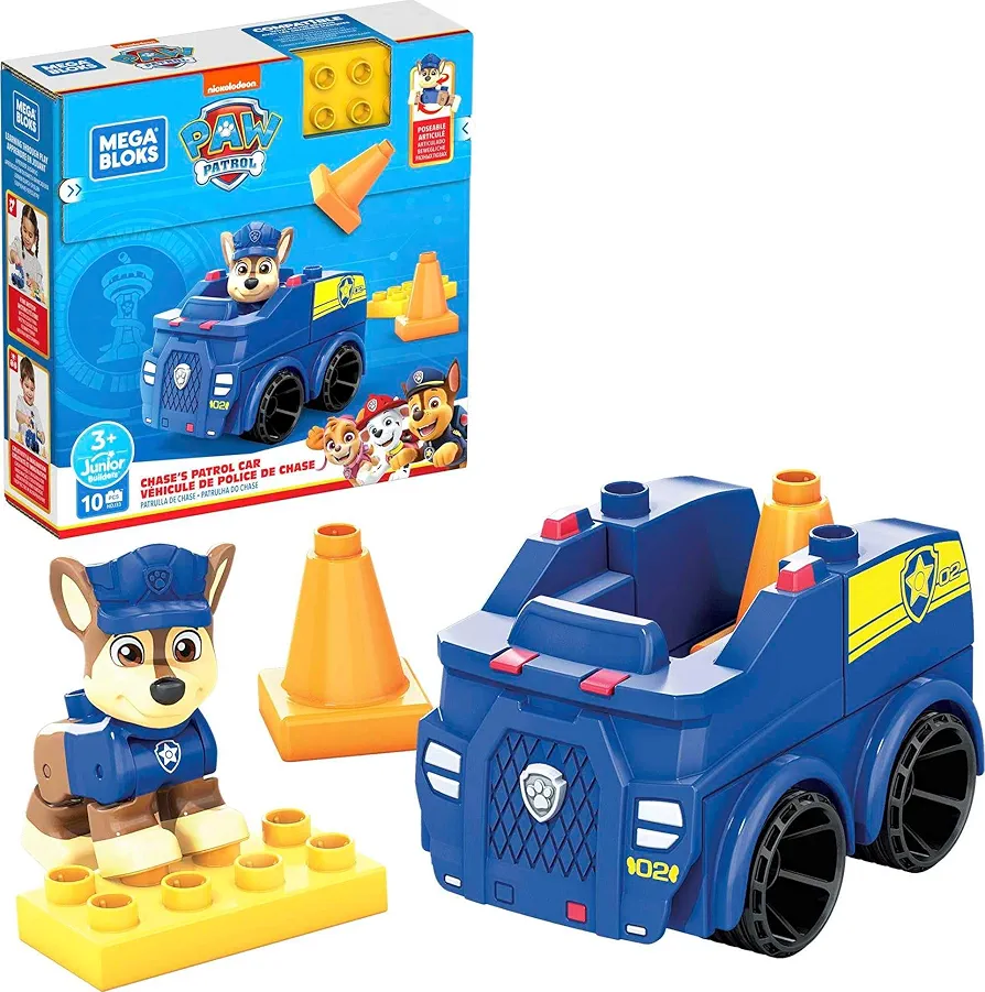 MEGA BLOKS Paw Patrol Chase's Patrol Car Building Set with 1 Chase Figure, 10 Blocks and Special Pieces, Toy Gift Set for Ages 3 and Up