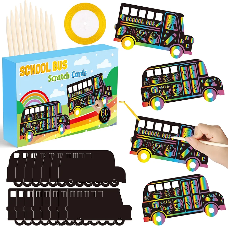 School Bus Scratch Cards Gift - Back to School Magic Bus Scratch Paper Art Kit for Kids, DIY First Day of School Scratch Off Hanging Card Party Favors for Classroom Activity Art Project