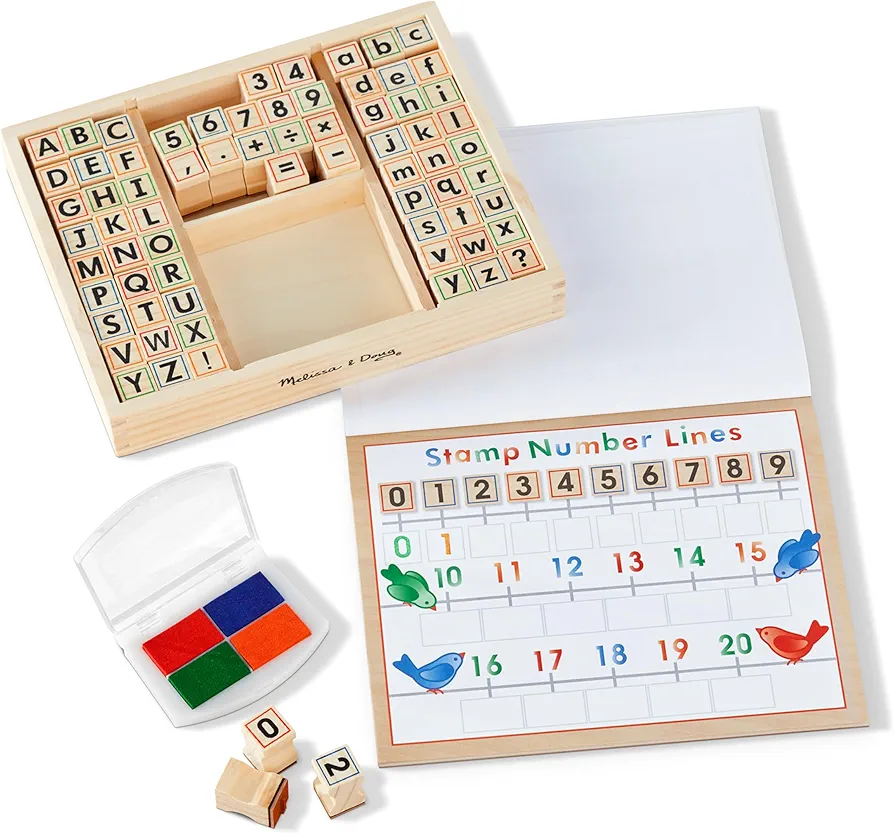 Melissa & Doug Deluxe Letters and Numbers Wooden Stamp Set ABCs 123s With Activity Book, 4-Color Stamp Pad - FSC Certified