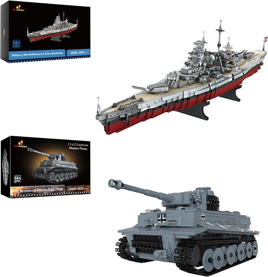 JMBricklayer Battleship Building Block Set 60006 & Tank Building Set 61501, WW2 Military Model Toy, Armed Construction Vehicle Set Ideal Gifts for Boys,Teens and Adults