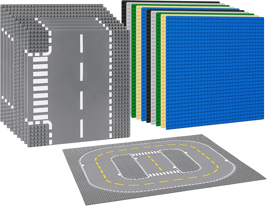 19 Pack (10 Multicolored + 9 Road) Baseplates for Bricks Town Building, Compatible with Lego Classic Bricks, Compatible with Lego City Sets