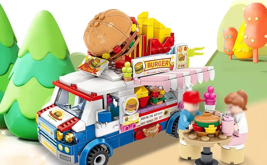 SAN D'ORCIA Food Truck Van Toy Sale Modular Pizza Burger Shop Vehicles Restaurant, Hamburger Taco Truck with Display Shelf Car Buildings Set Bus,Boy and Girl Kids 497PC