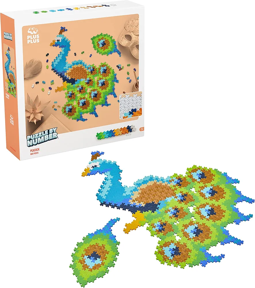 PLUS PLUS - Puzzle by Number - 800 Piece Peacock - Construction Building Stem/Steam Toy, Interlocking Mini Puzzle Blocks for Kids