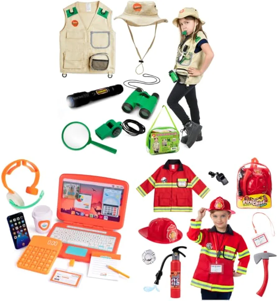 Born Toys Pretend Play Office Set, Explorer Kit and Fireman Costume - includes Toy Laptop, Phone, Calculator, Pop It, Headset, Explorer Set and Firefighter Accessories