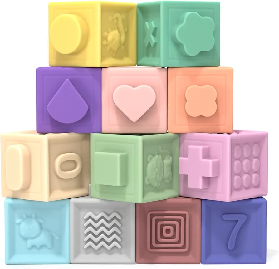 TEMI Baby Toys Blocks, Soft Stacking Building Blocks Educational Teethers Toy Squeeze Play with Numbers Shapes Animals Fruit and Textures