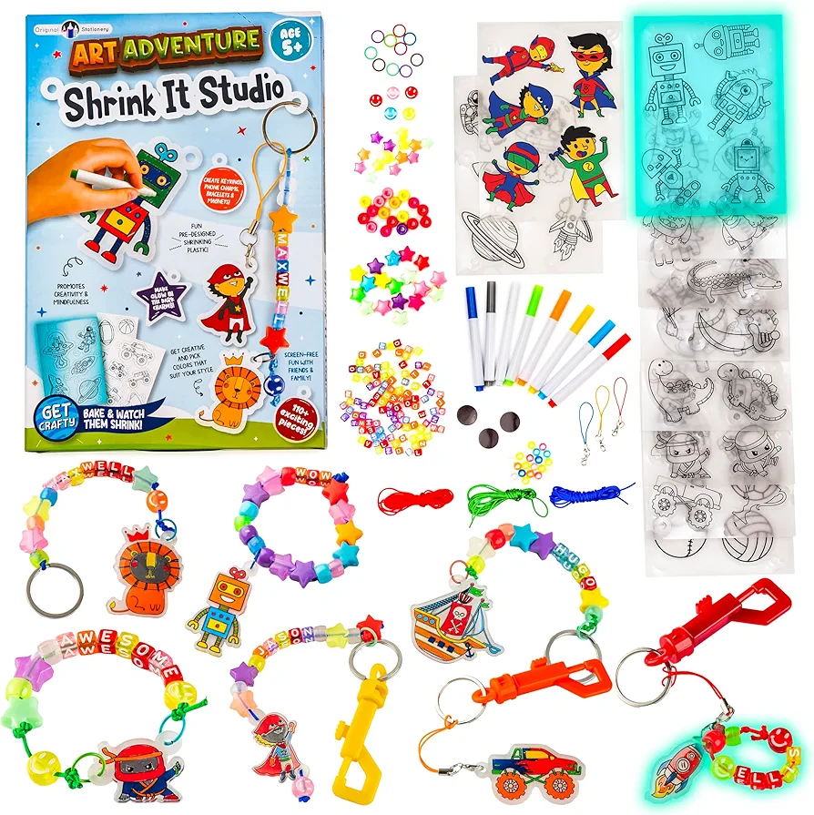 Original Stationery Art Adventure Shrink It Studio, Keychain Maker Kit for Boys to Make Awesome Charms with 110+ Pieces, Fun Shrink Art Kits for Kids