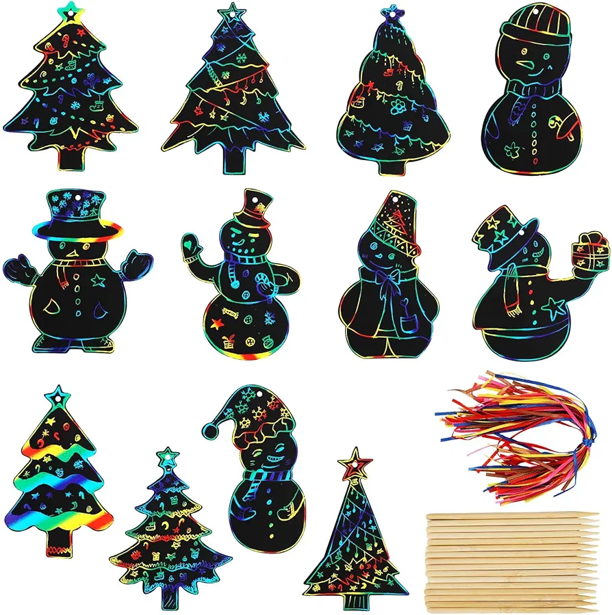 NQEUEPN 96pcs Christmas Scratch Papers, Christmas Tree Snowman Scratch Christmas Ornaments Creative DIY Hanging Craft Art Kits with Wooden Stick and Ribbon for Kids Xmas Tree Decor