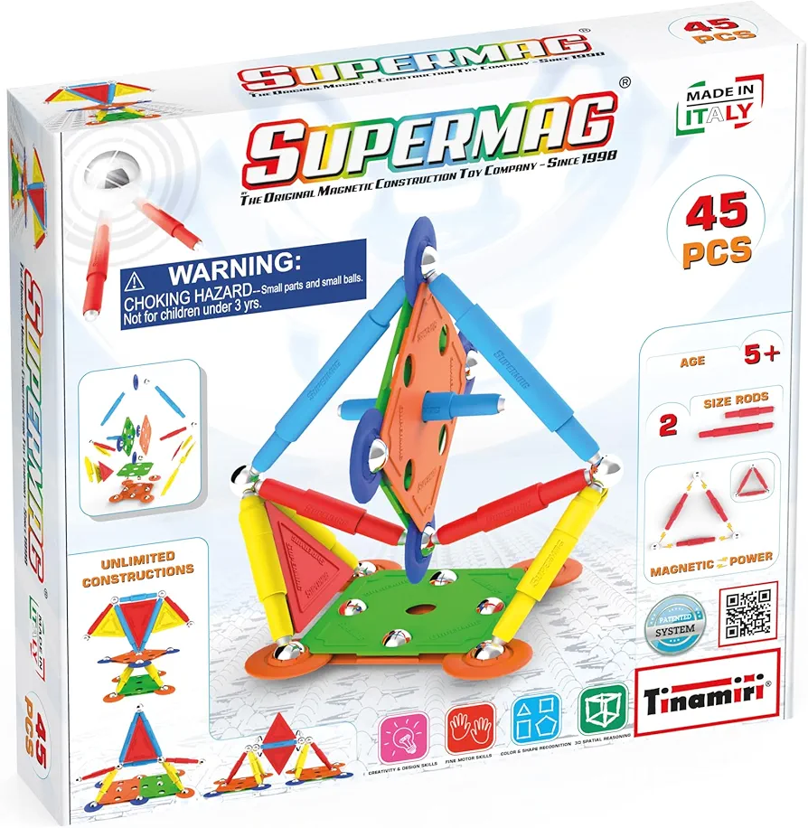 SUPERMAG - Multicolor 45 | Educational construction fun | 45 piece set | Europe-made | STEM | Toy Magnetic Building Sets | Magnet Toys | Supermag 0651