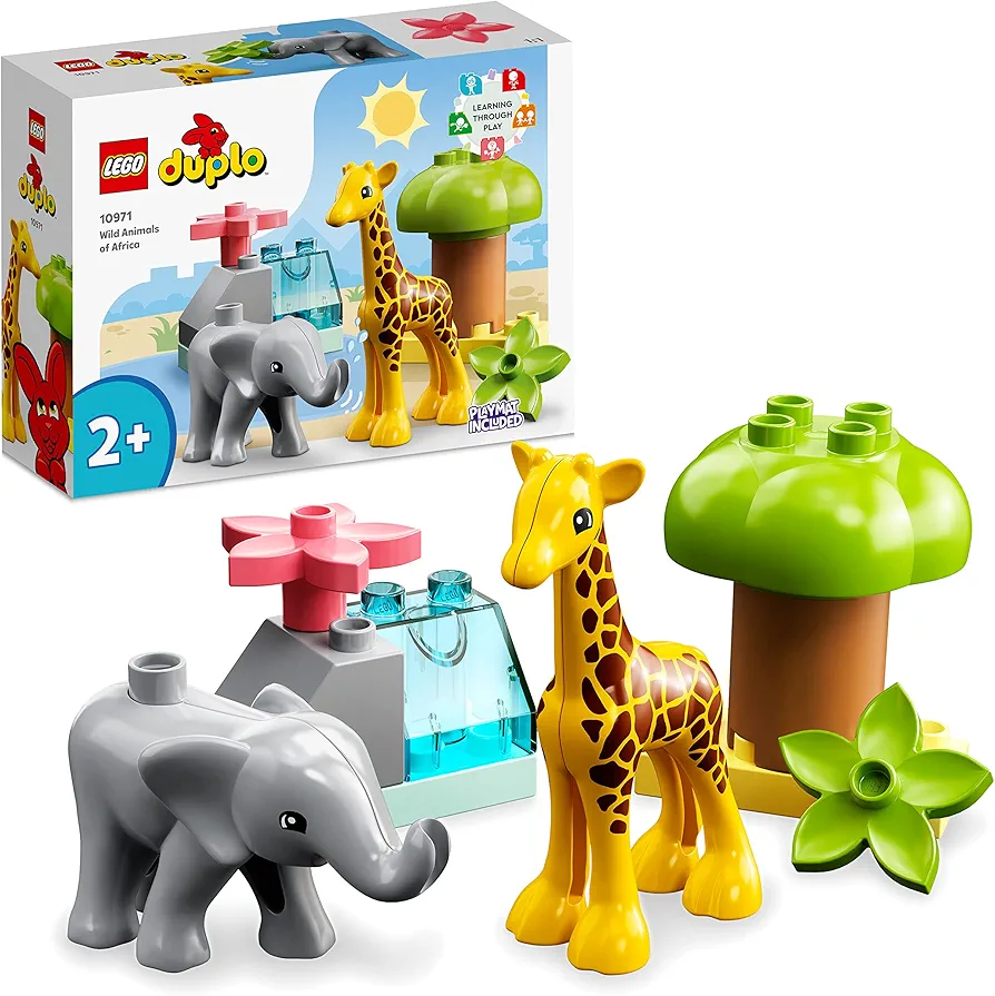 LEGO 10971 Duplo African Wild Animals Safari Toy for 2 Year Old with Elephant and Giraffe Animal Figurines, with Play Mat