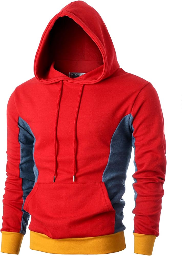 Ohoo Mens Color-Block Hooded Sweatshirt with Kangaroo Pocket Slim Fit Lightweight Pullover